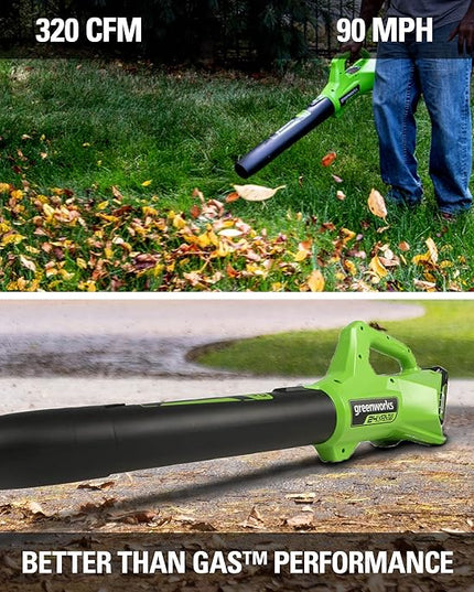 Greenworks 24V (90 MPH / 320 CFM / 125+ Compatible Tools) Cordless Axial Leaf Blower, 2.0Ah Battery and Charger Included - LeafyLoom