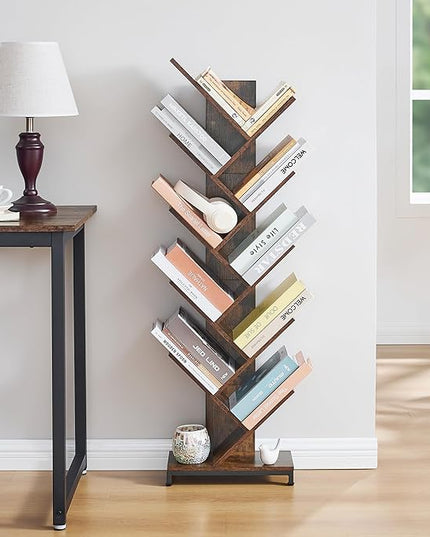 10 Shelf Tree Bookshelf, Floor Standing Wood Bookshelf for Books/Magazine/CDs/Movies, Modern Storage Rack Tree Bookcase, Utility Organizer Shelves for Narrow Space Home Office, Rustic Brown - LeafyLoom