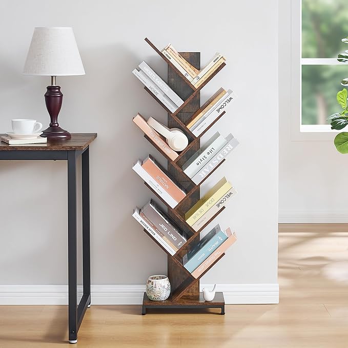 10 Shelf Tree Bookshelf, Floor Standing Wood Bookshelf for Books/Magazine/CDs/Movies, Modern Storage Rack Tree Bookcase, Utility Organizer Shelves for Narrow Space Home Office, Rustic Brown - LeafyLoom