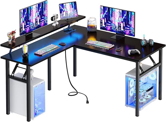 DlandHome Reversible L-Shaped Desk with Monitor Stand,LED Lighting Computer Desk with Power Outlets,Home Office Table Computer Workstation, Black - LeafyLoom