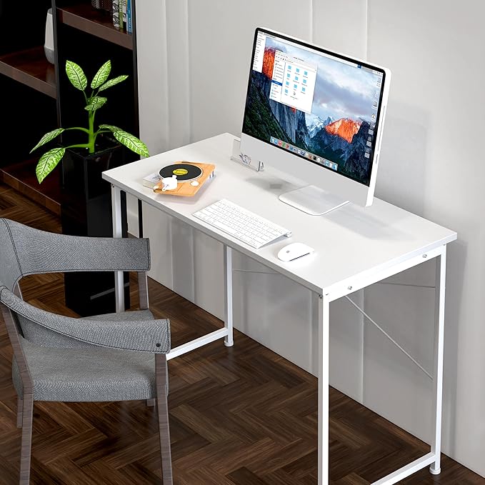 HealSmart Home Office Computer Desk, Modern Style Design with Headphone Hooks for Working, Writing and Gaming, 32 Inch, 40 Inches, White - LeafyLoom