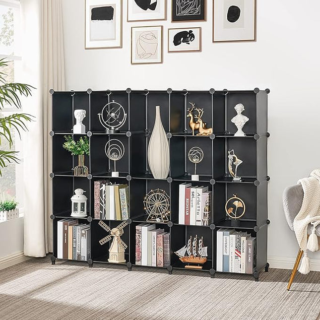 ANWBROAD Cube Storage Organizer 20-Cube Cubby Shelving Book Shelf Living Room Closet Clothes Organizers Kids Toys Craft Yarn Storage with Rubber Hammer for Bedroom Office Black ULCS020B - LeafyLoom