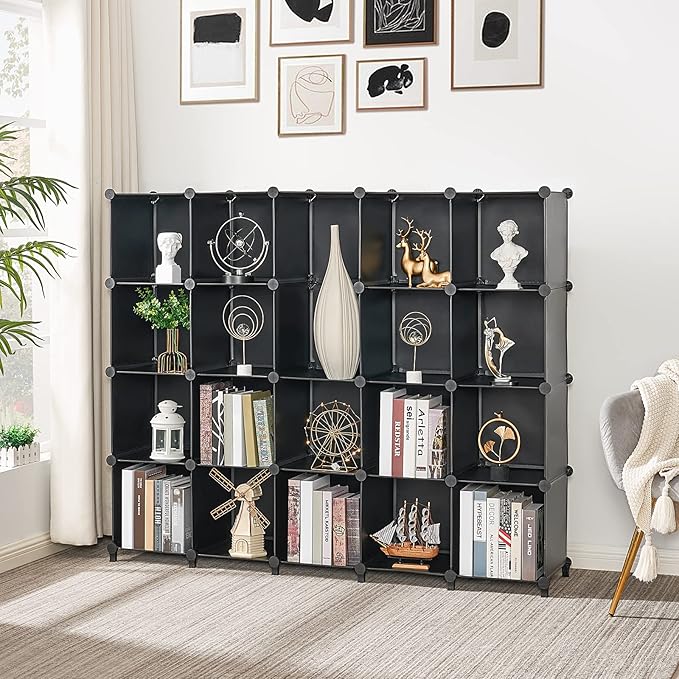 ANWBROAD Cube Storage Organizer 20-Cube Cubby Shelving Book Shelf Living Room Closet Clothes Organizers Kids Toys Craft Yarn Storage with Rubber Hammer for Bedroom Office Black ULCS020B - LeafyLoom