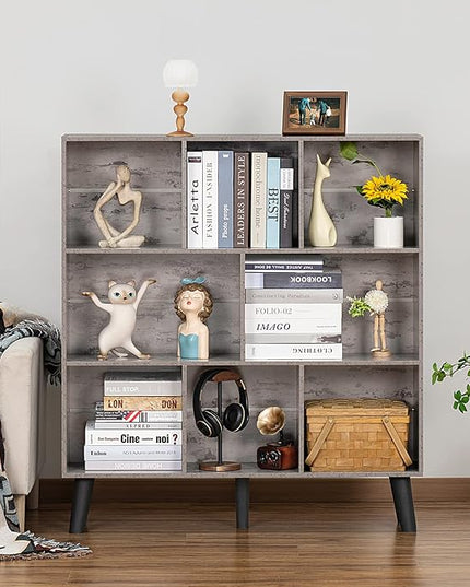 LEYAOYAO 8 Cube Bookshelf,Farmhouse Bookcase with Legs,Modern Dirty Grey Mid-Century Bookshelves,Large 3 Tier Open Storage Organizer Shelf, Retro Wood Display Book Case - LeafyLoom