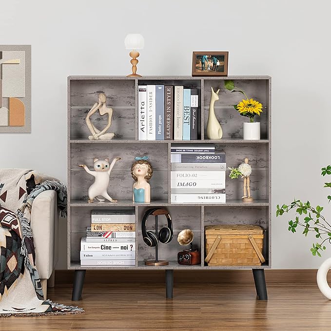 LEYAOYAO 8 Cube Bookshelf,Farmhouse Bookcase with Legs,Modern Dirty Grey Mid-Century Bookshelves,Large 3 Tier Open Storage Organizer Shelf, Retro Wood Display Book Case - LeafyLoom