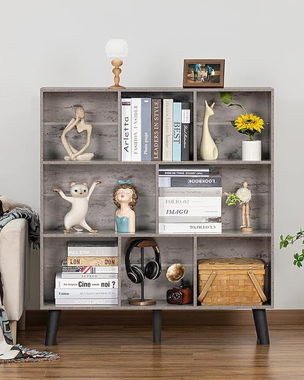 LEYAOYAO 8 Cube Bookshelf,3 Tier Bookcase with Legs,Modern Grey Mid-Century Bookshelves,Large Farmhouse Open Storage Organizer Shelf, Retro Wooden Display Book Case for Bedroom,Living Room,Office - LeafyLoom