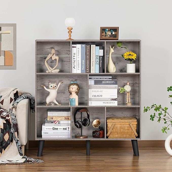 LEYAOYAO 8 Cube Bookshelf,3 Tier Bookcase with Legs,Modern Grey Mid-Century Bookshelves,Large Farmhouse Open Storage Organizer Shelf, Retro Wooden Display Book Case for Bedroom,Living Room,Office - LeafyLoom