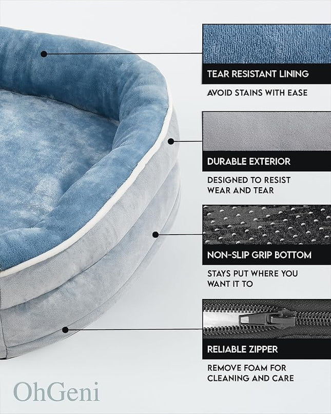 OhGeni Orthopedic Dog Bed Couch for Large Sized Pets with Egg Foam Support, Four-Sided Bolster Cushions, Soft Tear-Resistant Fabric, and Removable Machine Washable Plush Cover 35-Inch (Washed Blue) OhGeni