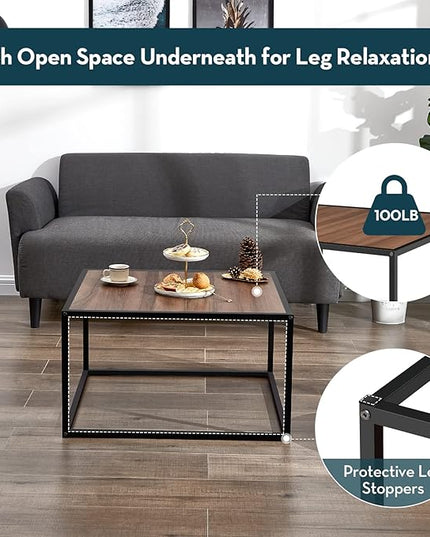 SAYGOER Farmhouse Coffee Table Rustic Wood Coffee Tables Mid Century Modern Coffe Tables for Small Spaces Simple Square Low Center Table for Living Room Home Office Boho Style, Walnut - LeafyLoom