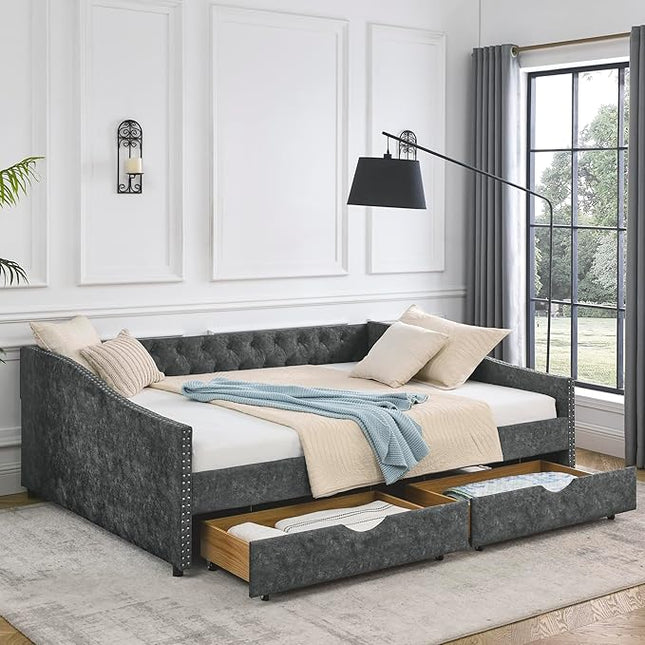 Queen Size Daybed with 2 Storage Drawers,Linen Upholstered Sofa Bed W/Button on Back & Copper Nail on Waved Shape Armrests,No Spring Box Need,Wood Bedframe for Living Room Bedroom Dorm,Grey - LeafyLoom