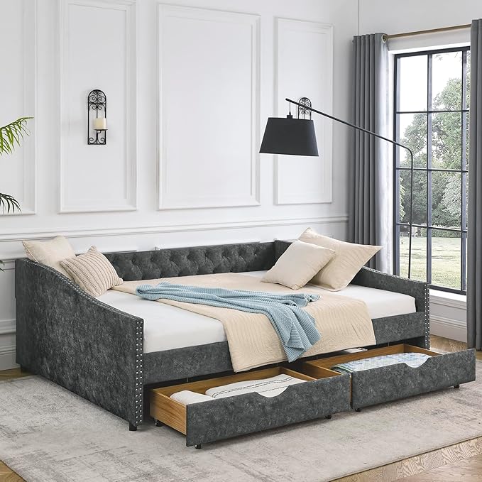 Queen Size Daybed with 2 Storage Drawers,Linen Upholstered Sofa Bed W/Button on Back & Copper Nail on Waved Shape Armrests,No Spring Box Need,Wood Bedframe for Living Room Bedroom Dorm,Grey - LeafyLoom