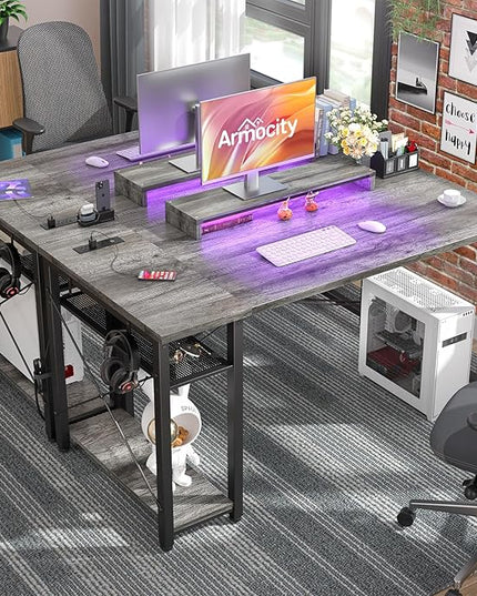 armocity Computer Desk with LED Lights, Gaming Desk with Power Outlet and USB, 40 Reversible Laptop Table with Moveable Monitor Stand, Small Desk for Small Spaces, Office, Gaming Room, Grey - LeafyLoom