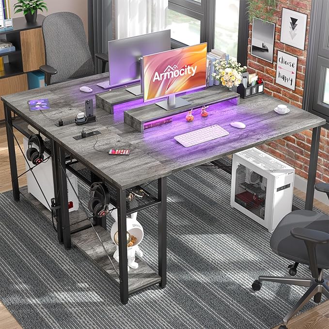 armocity Computer Desk with LED Lights, Gaming Desk with Power Outlet and USB, 40 Reversible Laptop Table with Moveable Monitor Stand, Small Desk for Small Spaces, Office, Gaming Room, Grey - LeafyLoom