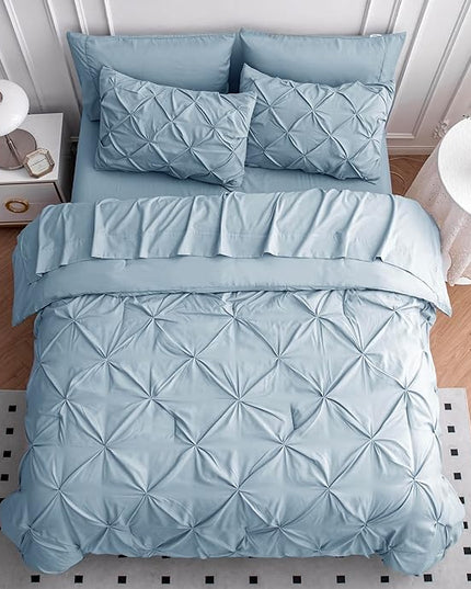 Lane Linen California King Comforter Set, 7 Piece Cal King Bed in a Bag, Pintuck Cal King Bedding Set, Soft Cali King Bed Set, Cal King Bed Comforter Set with Sheets, Pillowcases & Shams - French Blue - LeafyLoom