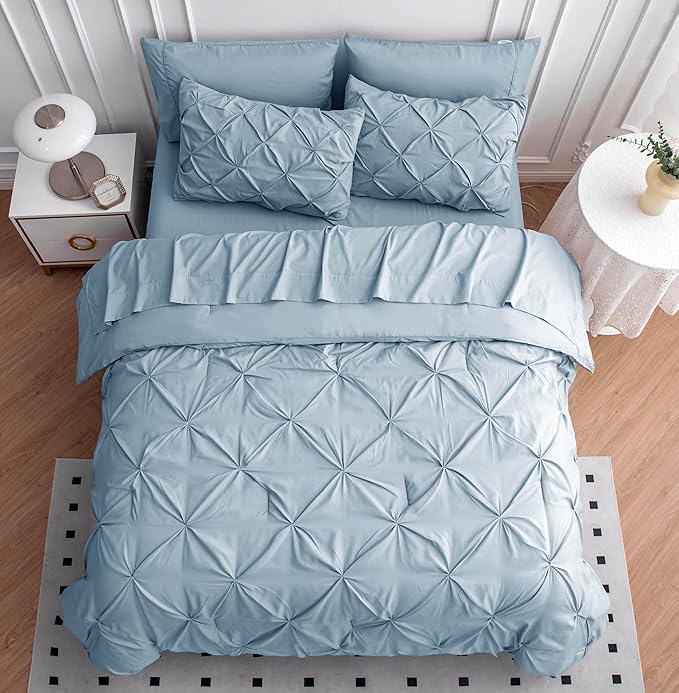 LANE LINEN Comforters Queen Size, 7 Piece Queen Comforter Set, Soft Queen Size Comforter Sets, Pintuck Queen Bed Set, Fluffy Comforters Queen Size Set with Sheets, Pillowcases & Shams - French Blue - LeafyLoom