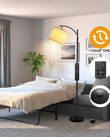 Floor Lamp for Living Room with 4 Color Temperatures, Standing Lamp with Adjustable Linen Shade， Remote Control and Stepless Dimmable tall lamp for Bedroom, Office，9W Bulb Included（Black） - LeafyLoom