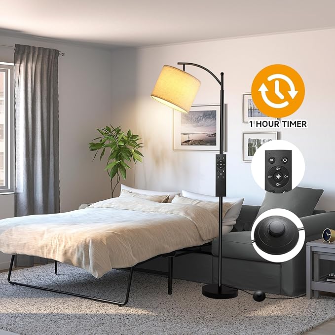 Floor Lamp for Living Room with 4 Color Temperatures, Standing Lamp with Adjustable Linen Shade， Remote Control and Stepless Dimmable tall lamp for Bedroom, Office，9W Bulb Included（Black） - LeafyLoom