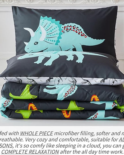 RYNGHIPY Dinosaur Bedding Set Queen Size Dinosaur Kids Comforter Set for Boys Girls Soft Breathable Cute Dinosaur Bed Set for All Season (Black,Queen) - LeafyLoom