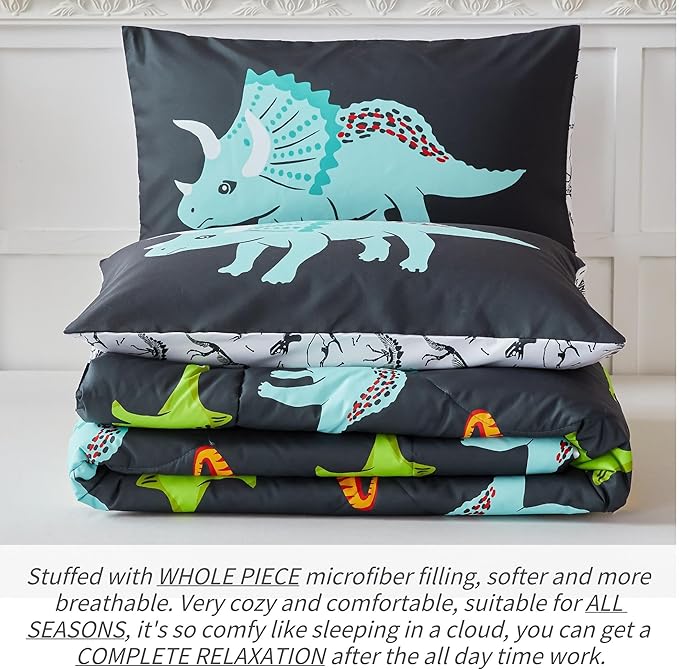 RYNGHIPY Dinosaur Bedding Set Queen Size Dinosaur Kids Comforter Set for Boys Girls Soft Breathable Cute Dinosaur Bed Set for All Season (Black,Queen) - LeafyLoom