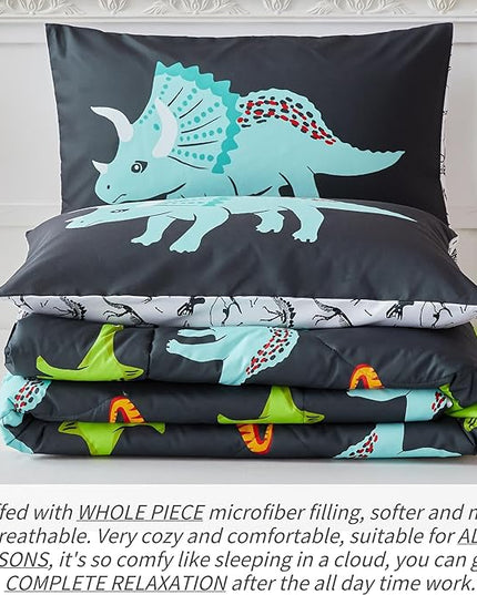 RYNGHIPY Dinosaur Bedding Set Full Size Dinosaur Kids Comforter Set for Boys Girls Soft Breathable Cute Dinosaur Bed Set for All Season (Black,Full) - LeafyLoom