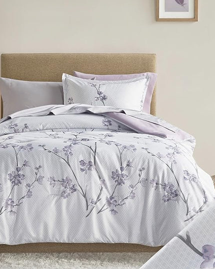 Comfort Spaces Bed in A Bag - Trendy Casual Design Cozy Comforter with Complete Sheet Set with Side Pocket, All Season Cover, Matching Shams Twin(66"x90"), Kate, Grey/Purple 6 Piece - LeafyLoom