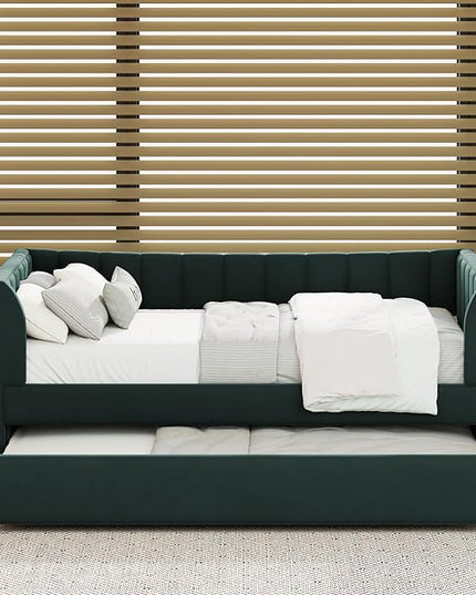 Twin Size Upholstered Velvet Daybed with Trundle,Wood Bed Frame w/ 2 Armrests,Slat Support,No Box Spring Needed,for Small Living Spaces and Accommodating Guests,Green - LeafyLoom