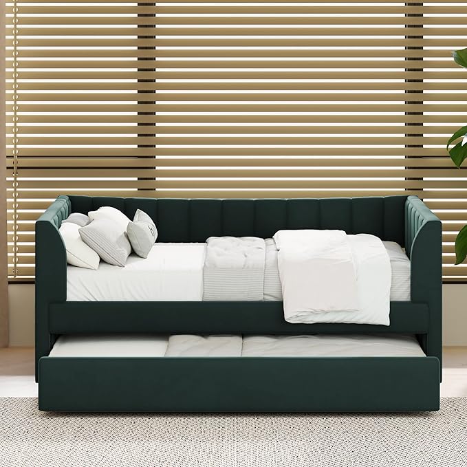 Twin Size Upholstered Velvet Daybed with Trundle,Wood Bed Frame w/ 2 Armrests,Slat Support,No Box Spring Needed,for Small Living Spaces and Accommodating Guests,Green - LeafyLoom