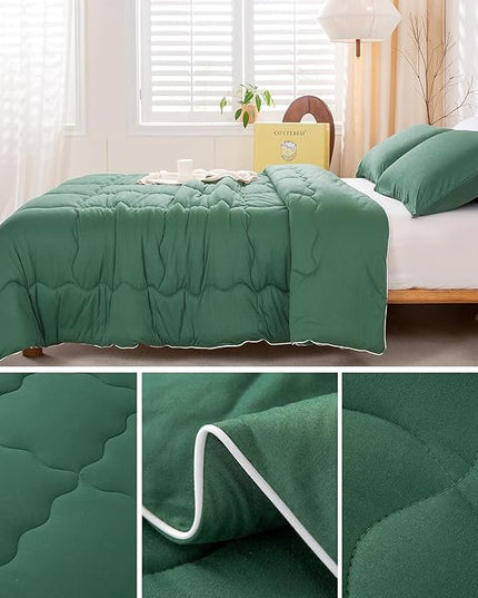 COTTEBED Forest Green Comforter Queen Size, Jersey Knit Cotton T-Shirt Feel Ultra-Soft Cute Cozy Lightweight Bedding Blanket Quilt Down Set & Pillowcase All Season Use Emerald Hunter Green,Full/Queen - LeafyLoom