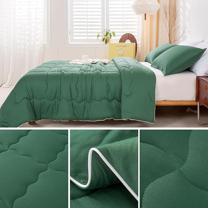COTTEBED Forest Green Comforter Queen Size, Jersey Knit Cotton T-Shirt Feel Ultra-Soft Cute Cozy Lightweight Bedding Blanket Quilt Down Set & Pillowcase All Season Use Emerald Hunter Green,Full/Queen - LeafyLoom