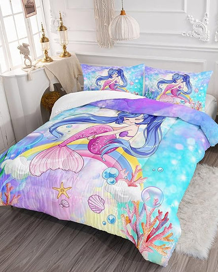 Datura home Kids Mermaid Comforter Set for Girls Women,Cute Mermaid Girl and Rainbow Shell Starfish Printed Pattern Blue Kawaii Bedding Set with 2 Pillowcases(Mermaid Girl Queen) - LeafyLoom