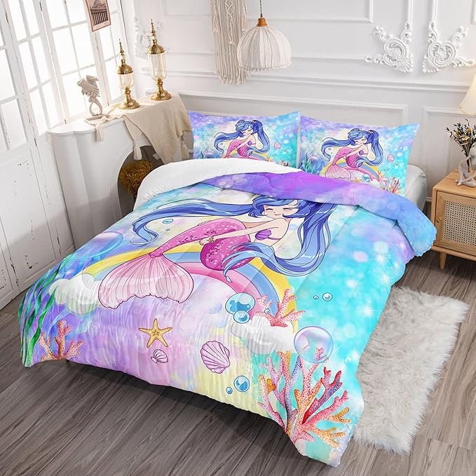 Datura home Kids Mermaid Comforter Set for Girls Women,Cute Mermaid Girl and Rainbow Shell Starfish Printed Pattern Blue Kawaii Bedding Set with 2 Pillowcases(Mermaid Girl Full) - LeafyLoom