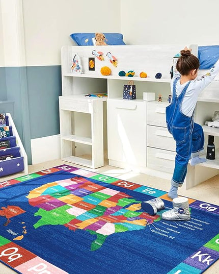 LIVEBOX Educational USA Map Kids Nursery Rug, 4x6 Ft Baby Playmats for Infant and Toddlers, Non-Slip Alphabet Kids Rug Mat for Playroom, Classroom, ABC Kids Room Rug for Bedroom - LeafyLoom