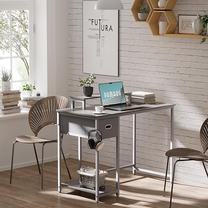 Pamray 39 Inch Computer Desk with Monitor Stand Small Home Office Desks with Non-Woven Storage Drawer for Bedroom Study Table Writing and Work Desk Espresso Gray,Gray Leg - LeafyLoom