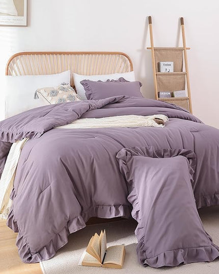 JANZAA King Size Comforter Set Grayish Purple Ruffle Comforter 3PCS Soft Fluffy Boho Comforter Vintage Farmhouse Bed Comforter Set Shabby Chic Bedding with 2 Pillowcases for All Season - LeafyLoom