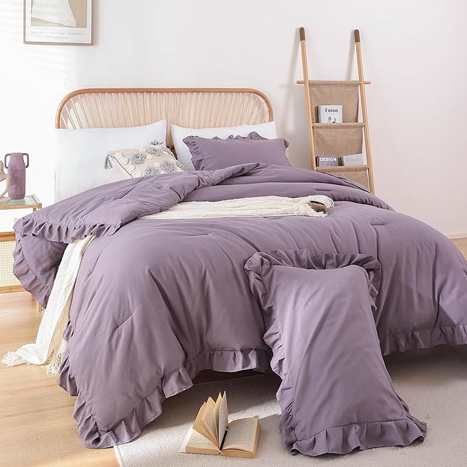 JANZAA King Size Comforter Set Grayish Purple Ruffle Comforter 3PCS Soft Fluffy Boho Comforter Vintage Farmhouse Bed Comforter Set Shabby Chic Bedding with 2 Pillowcases for All Season - LeafyLoom