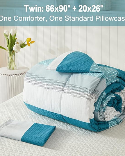 Litanika Teal White Bed Comforter Twin Set, XL Twin Comforter Striped Bedding Comforter Set, 2 Pieces Lightweight Soft All Season Down Alternative Comforter (1 Comforter, 1 Pillowcase) - LeafyLoom
