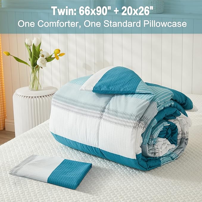 Litanika Teal White Bed Comforter Twin Set, XL Twin Comforter Striped Bedding Comforter Set, 2 Pieces Lightweight Soft All Season Down Alternative Comforter (1 Comforter, 1 Pillowcase) - LeafyLoom