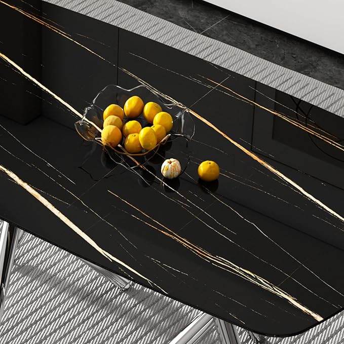 NicBex Large Modern Minimalist Rectangular Dining Table with 0.39 "Imitation Marble Black Tabletop and Silver Metal Legs for Kitchens, Living Rooms, Conference Rooms, and Banquet Halls, Black - LeafyLoom