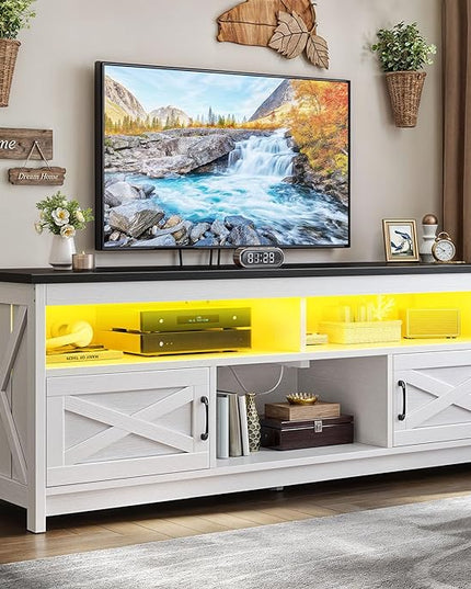 YITAHOME LED TV Stand for 75 65 Inch TV w/Power Outlets, Small Media Console with Storage Cabinets, Farmhouse Entertainment Center Table TV Cabinet for Living Room, 65'' Large TV Stand, Black/White - LeafyLoom