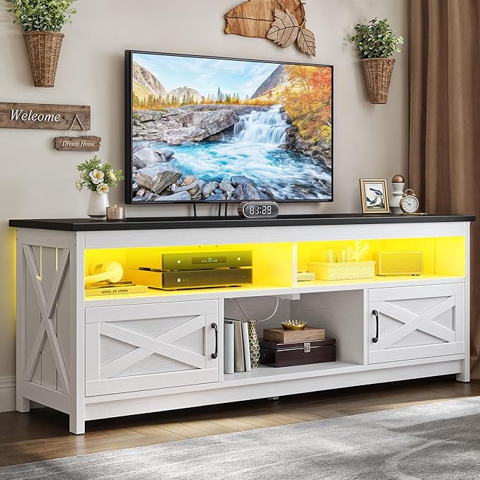 YITAHOME LED TV Stand for 75 65 Inch TV w/Power Outlets, Small Media Console with Storage Cabinets, Farmhouse Entertainment Center Table TV Cabinet for Living Room, 65'' Large TV Stand, Black/White - LeafyLoom