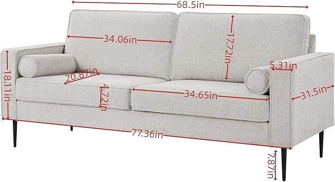 Upholstered 3 Seater Sofa Couch with Metal Legs and Removable Cushions for Livingroom Bedroom, Including 2 Bolster Pillows, White, 77" W - LeafyLoom