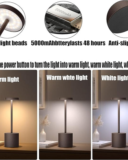2Pack Cordless Table Lamp, Rechargeable LED Battery 5000mAh Metal USB Portable Powered Desk Lamp, 3 Levels Brightness Light for Restaurants Outdoor (2pack 10.25in ferrugino) - LeafyLoom