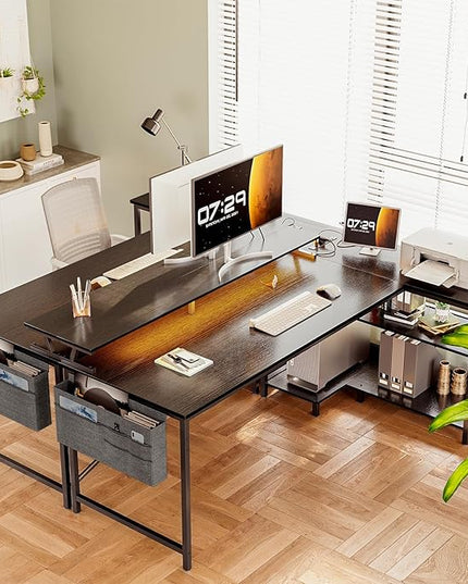 ODK 66 Inch Gaming Desk with USB Charging Ports and LED Lights, Reversible L Shaped Computer Desk with Storage Shelves & Monitor Stand, Corner Gamer Desk Table with Power Outlets, Black - LeafyLoom