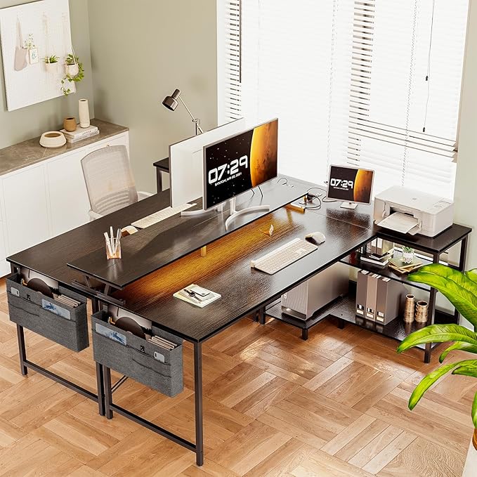 ODK 66 Inch Gaming Desk with USB Charging Ports and LED Lights, Reversible L Shaped Computer Desk with Storage Shelves & Monitor Stand, Corner Gamer Desk Table with Power Outlets, Black - LeafyLoom