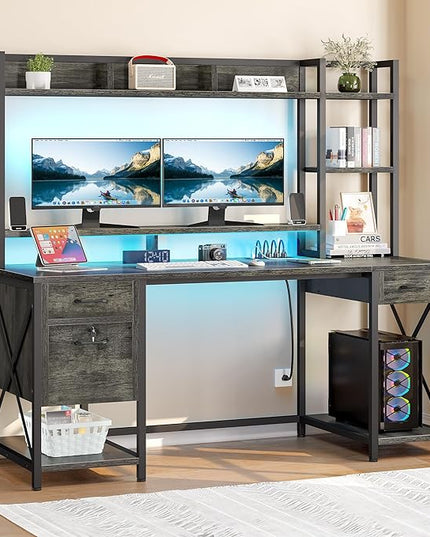 YITAHOME Computer Desk with Drawers & Hutch, 59.1" Office Desk with LED Lights & Power Outlets, Gaming Desk with Monitor Stand & Storage Shelves, Grey - LeafyLoom