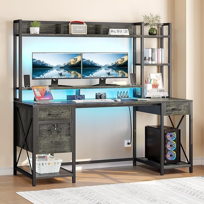 YITAHOME Computer Desk with Drawers & Hutch, 59.1" Office Desk with LED Lights & Power Outlets, Gaming Desk with Monitor Stand & Storage Shelves, Grey - LeafyLoom