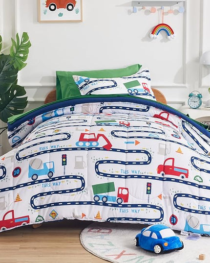 SLEEP ZONE Kids Bedding Comforter Set Full/Queen Size - Super Cute & Soft Kids Bedding 7 Pieces Set with Comforter, Sheet, Pillowcase & Sham (Road Trip, Full/Queen) - LeafyLoom