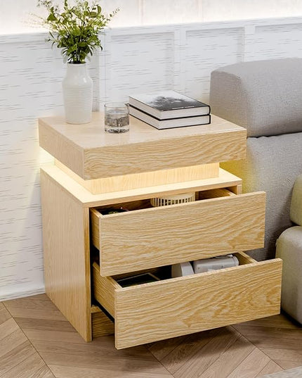HOMMPA LED Nightstand Wood Bedside Table with Led Lights Modern LED Night Stand with 2 Drawers Smart Nightstand Matte Night Table for Bedroom 20.5" Tall - LeafyLoom