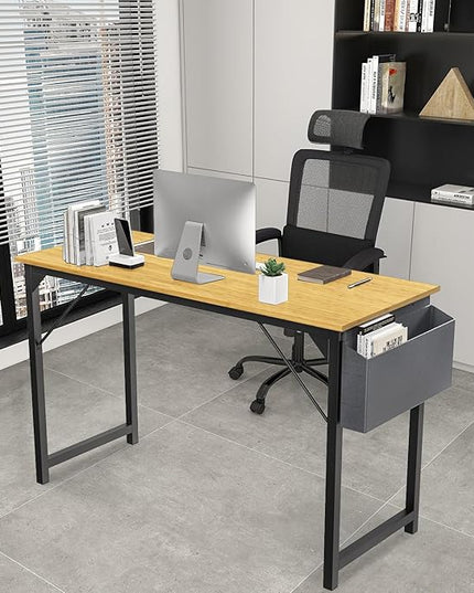 JHK Computer Small Desk Office 32 Inch Writing Work Kids Study Simple Wooden Table for Home Bedroom Modern Style with Headphone Hooks & Storage Bag, Nature - LeafyLoom