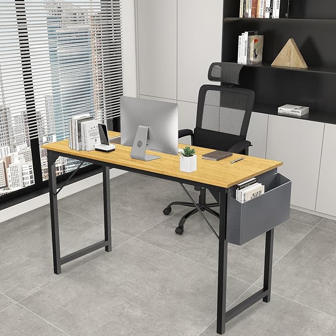 JHK Computer Small Desk Office 32 Inch Writing Work Kids Study Simple Wooden Table for Home Bedroom Modern Style with Headphone Hooks & Storage Bag, Nature - LeafyLoom